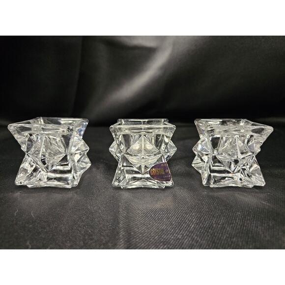 24% Lead Crystal Diamond Cut Taper Candle Holders Set of 3 DePlomb Stackable Vtg - Picture 1 of 9